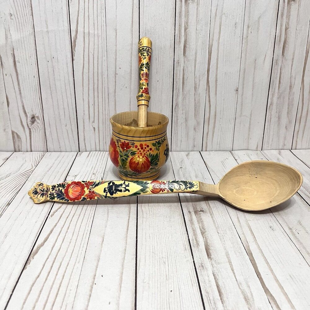 Vintage Mid Century  Mortar & Pestle w/Spoon Folk Art Hand Painted Wood Floral